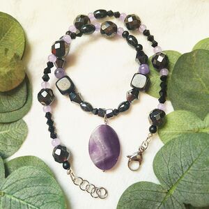 Amethyst Pendant Necklace, Black Agate & Purple Tourmaline with Adjustable Chain